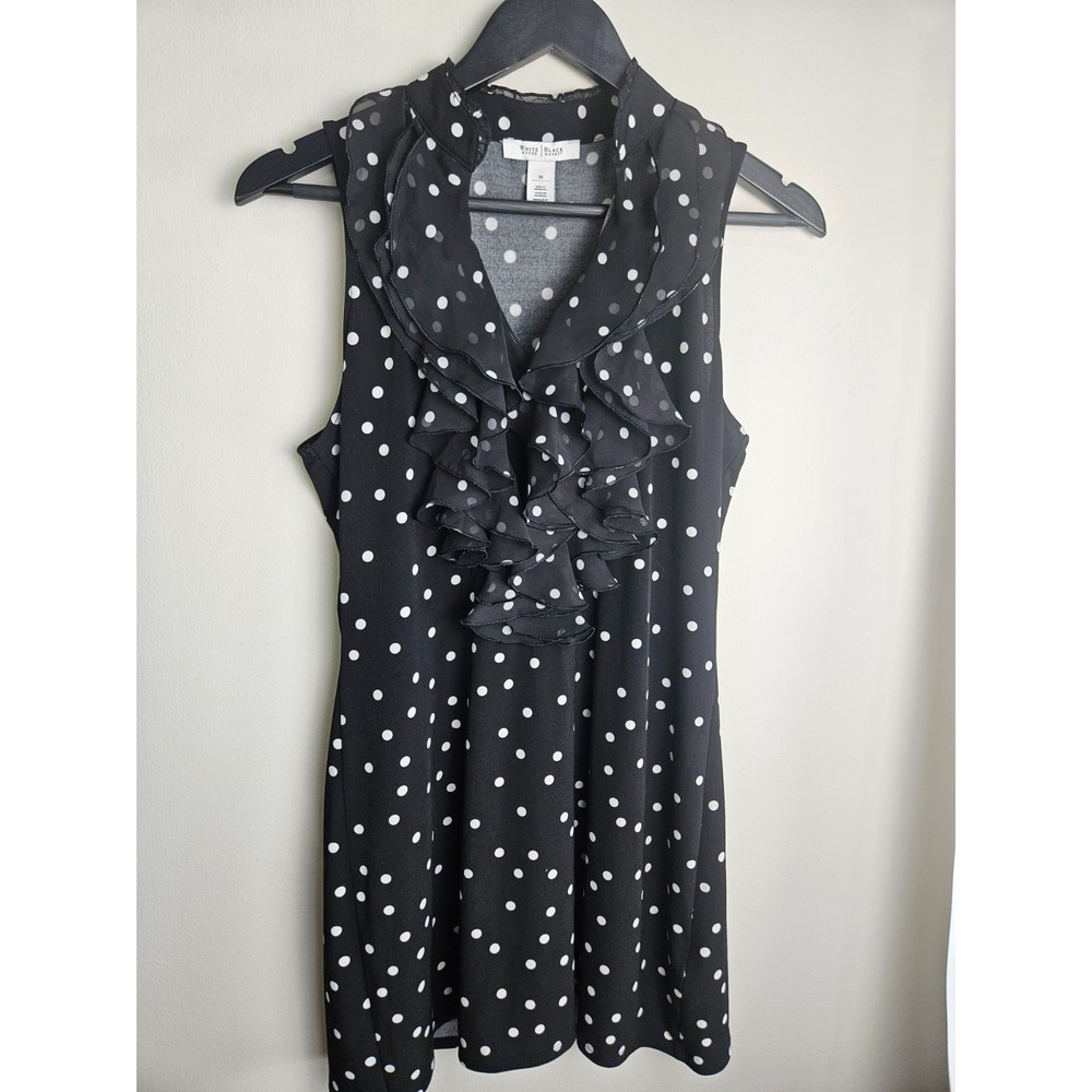 White‎ House Black Market Dress Sz Medium B&W Polka Dot Ruffle Neck Sleeveless